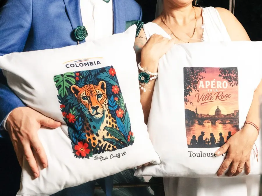 Coussins personnalisés en sublimation : « Colombia » et « Apéro en la Ville Rose »